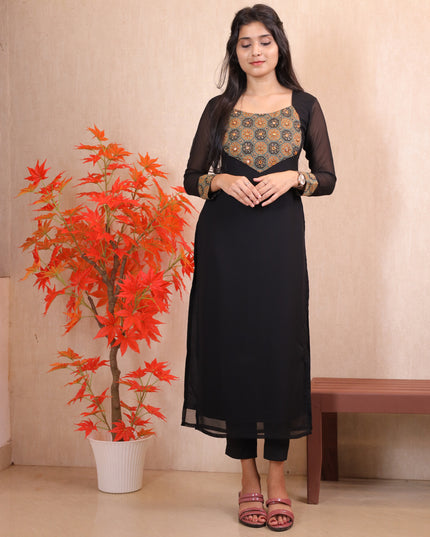 Black Georgette Aari Work Kurti Top-EC012