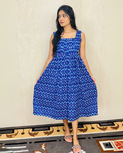 Royal Blue Ikat-Print Cotton Midi Dress – EC068