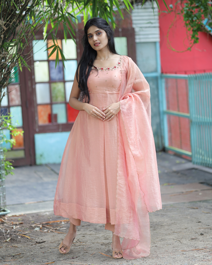 EC080 – Peach Silky Organza Anarkali  with Hand-Embroidered Yoke & Dupatta