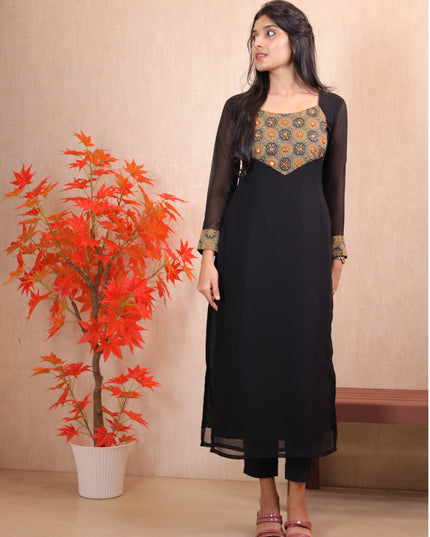 Black Georgette Aari Work Kurti Top-EC012