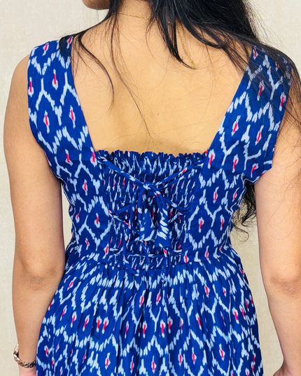 Royal Blue Ikat-Print Cotton Midi Dress – EC068