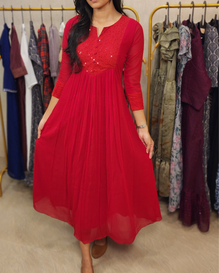 Cherry Red Georgette Kurti with Sequins Work – EC020