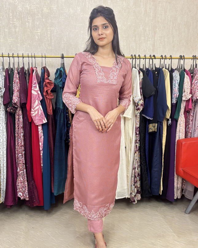 Embroidered Net Cotta Cotton Side Open Kurti with Pencil Bottom - EC025