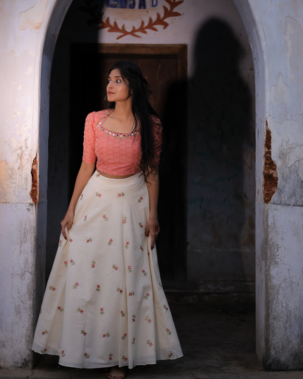 Cotton Skirt and Top with Embroidery and Sequin Work EC062