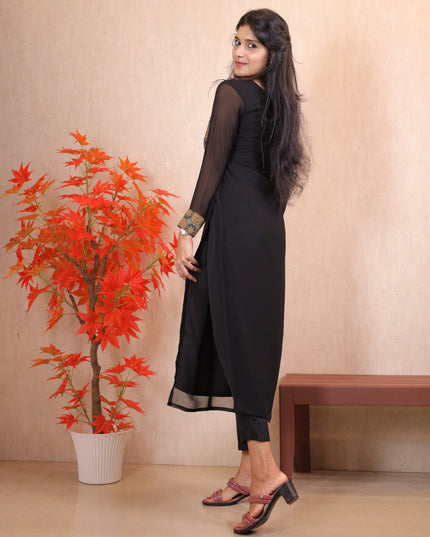 Black Georgette Aari Work Kurti Top-EC012