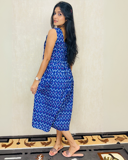 Royal Blue Ikat-Print Cotton Midi Dress – EC068