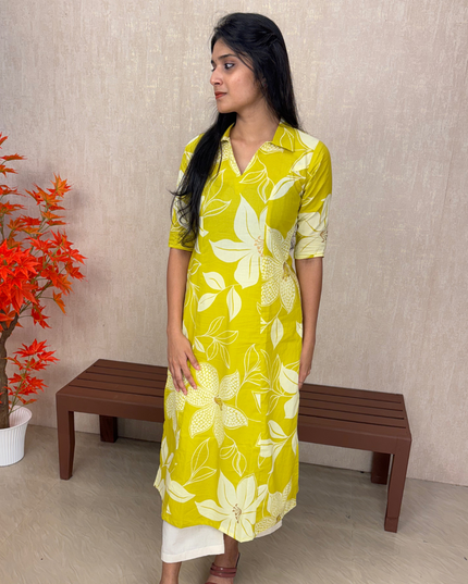 Yellow & White Floral Jaipur Cotton A-line Kurti Set – EC071