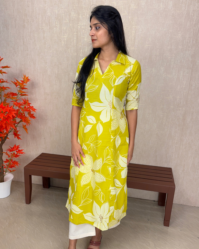 Yellow & White Floral Jaipur Cotton A-line Kurti Set – EC071