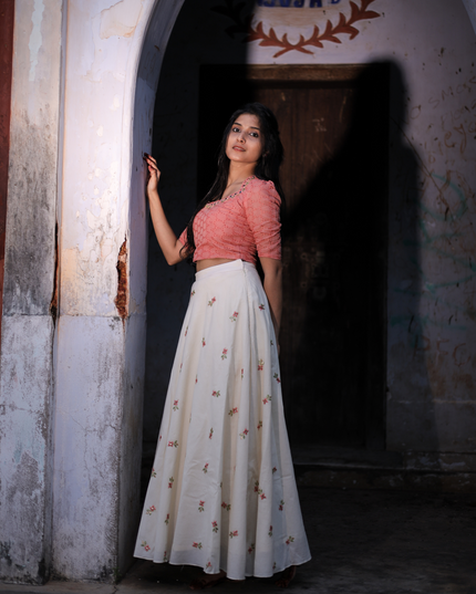 Cotton Skirt and Top with Embroidery and Sequin Work EC062