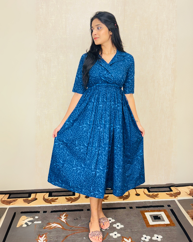 Surat Cotton Floral Print Frock with Adjustable Tie Yoke EC064