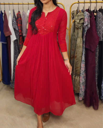 Cherry Red Georgette Kurti with Sequins Work – EC020