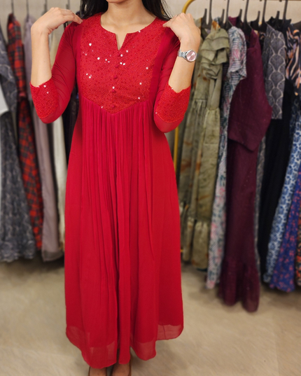 Cherry Red Georgette Kurti with Sequins Work – EC020