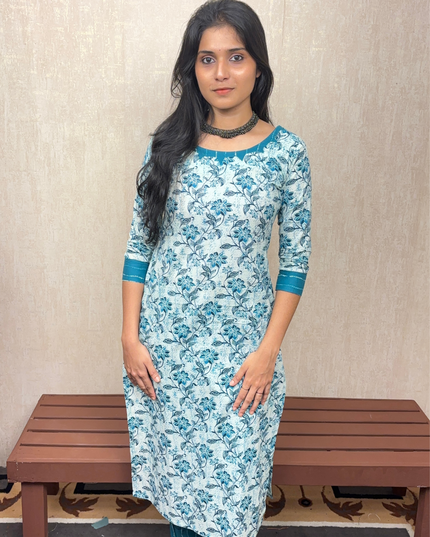 White & Teal Floral Jaipur Cotton Kurti Set – EC069
