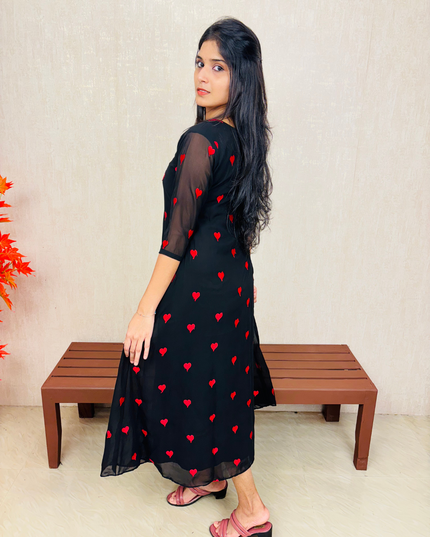 Red Embroidered Georgette A-Line Kurti with Lace Neckline – EC02