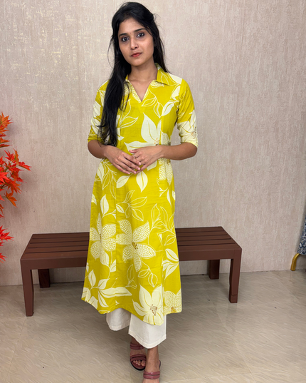 Yellow & White Floral Jaipur Cotton A-line Kurti Set – EC071