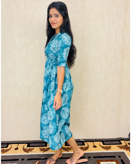 EC065 – Teal Blue Leaf Print Frock