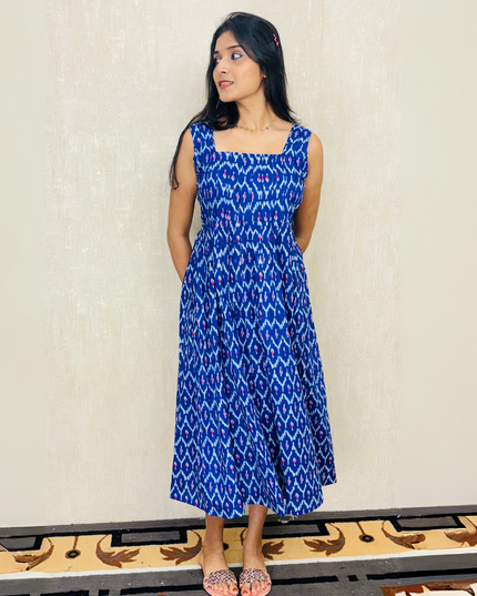 Royal Blue Ikat-Print Cotton Midi Dress – EC068