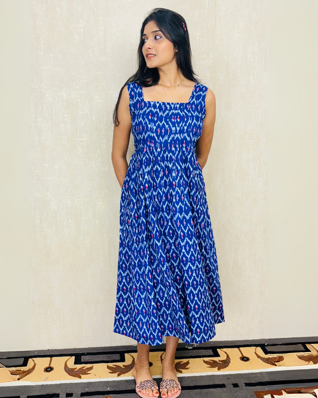 Royal Blue Ikat-Print Cotton Midi Dress – EC068