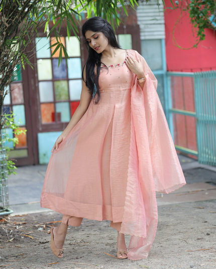 EC080 – Peach Silky Organza Anarkali  with Hand-Embroidered Yoke & Dupatta