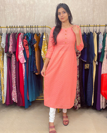 Hakoba Pure Cotton Kurti in Soft Peach Pink EC043