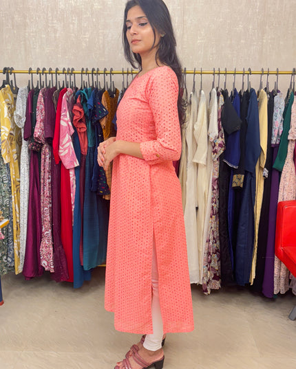 Hakoba Pure Cotton Kurti in Soft Peach Pink EC043