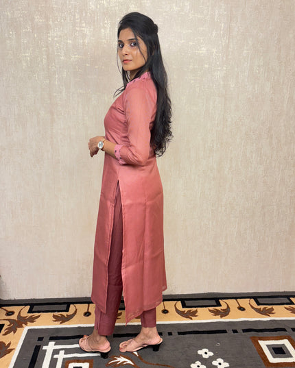 Onion Pink Net Cota Kurti Set with Modal Silk Pants EC049