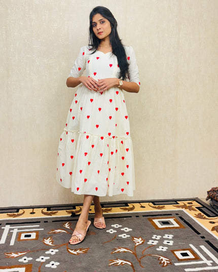 Pure Cotton Red Heart Embroidered Feeding-Friendly Maxi Dress EC056