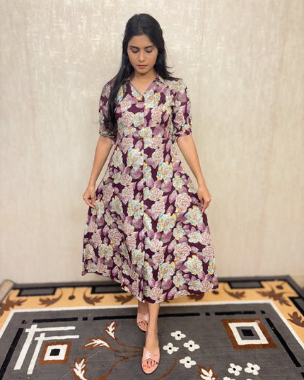 EC019 – Floral Soft Cotton Kurti with Princess Cut & Puffed Sleeves