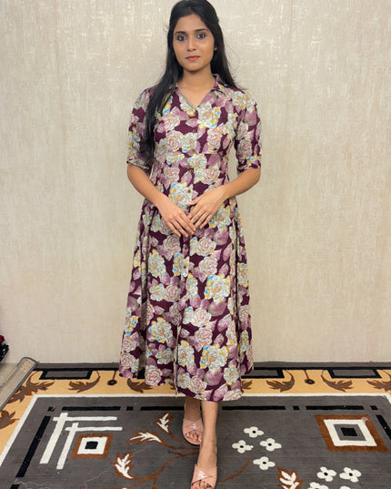 EC019 – Floral Soft Cotton Kurti with Princess Cut & Puffed Sleeves