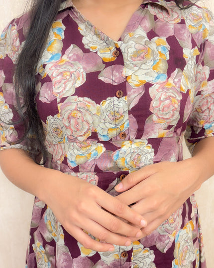 EC019 – Floral Soft Cotton Kurti with Princess Cut & Puffed Sleeves