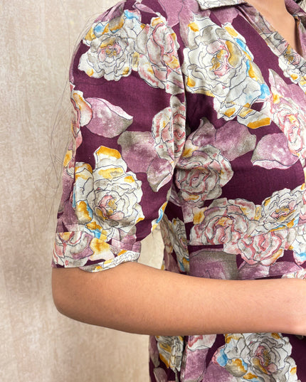 EC019 – Floral Soft Cotton Kurti with Princess Cut & Puffed Sleeves