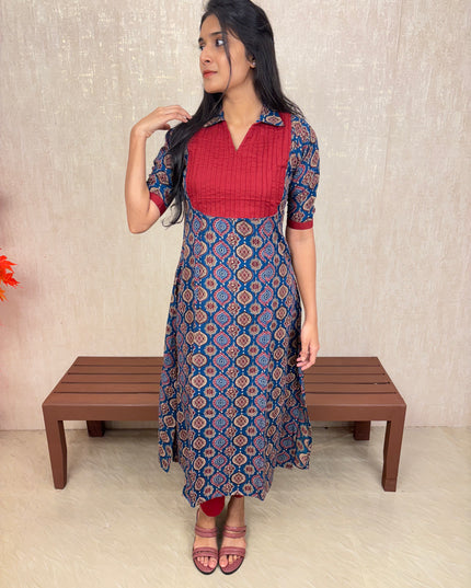 Printed Cotton A-Line Kurti with Pin Tuck Yoke – EC073