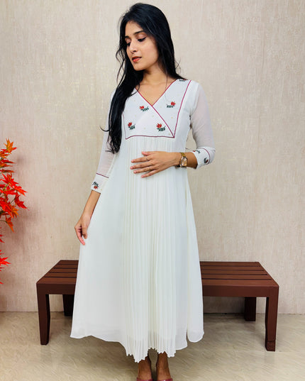 Off-White Pleated Georgette Kurta with Embroidered Yoke – EC075
