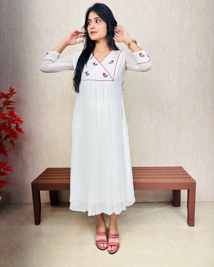 Off-White Pleated Georgette Kurta with Embroidered Yoke – EC075