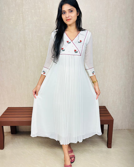 Off-White Pleated Georgette Kurta with Embroidered Yoke – EC075