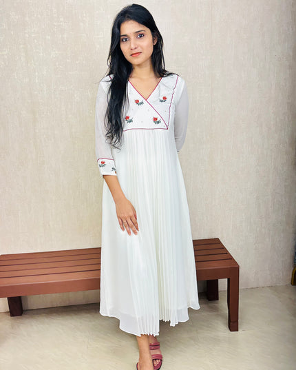 Off-White Pleated Georgette Kurta with Embroidered Yoke – EC075