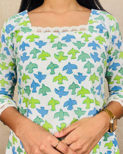 Blue & Green Abstract Floral Cotton Kurti Set – EC076