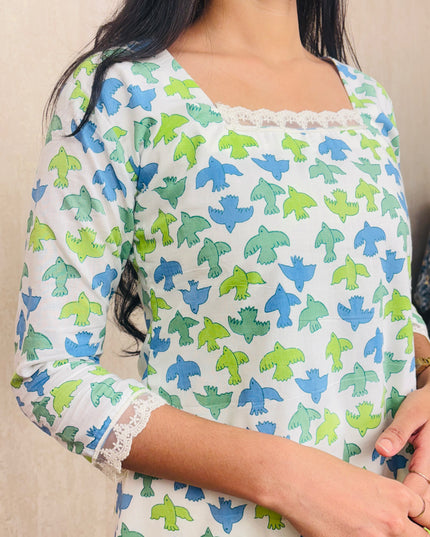 Blue & Green Abstract Floral Cotton Kurti Set – EC076