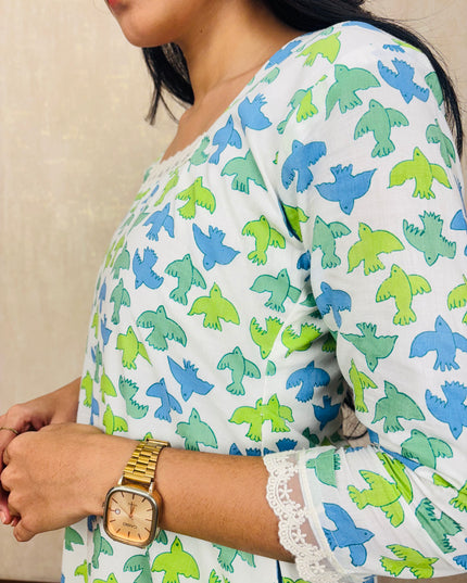 Blue & Green Abstract Floral Cotton Kurti Set – EC076