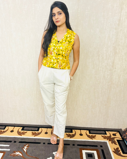 Yellow Floral Cotton Kurti Set with Flex Bottom – EC051