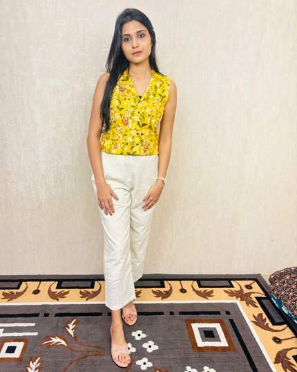 Yellow Floral Cotton Kurti Set with Flex Bottom – EC051