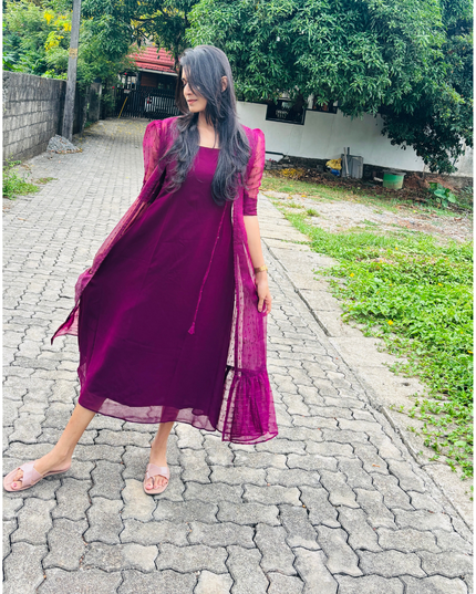 Deep Wine 2-Piece Georgette Dress with Overcoat – EC05