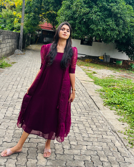 Deep Wine 2-Piece Georgette Dress with Overcoat – EC05