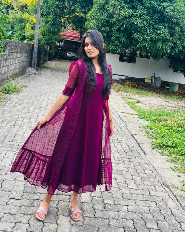 Deep Wine 2-Piece Georgette Dress with Overcoat – EC05