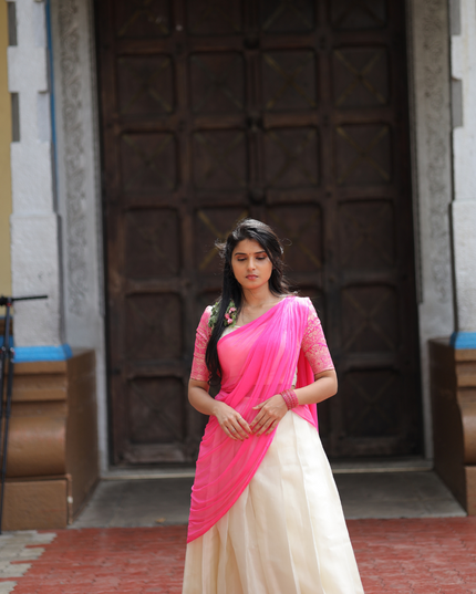 Ivory and Pink Davani (Half Saree) EC063