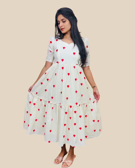 Pure Cotton Red Heart Embroidered Feeding-Friendly Maxi Dress EC056