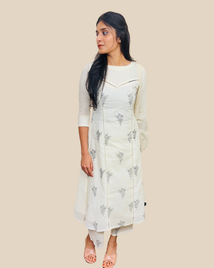 White Cotton 3-Piece Embroidered Ethnic Set EC055