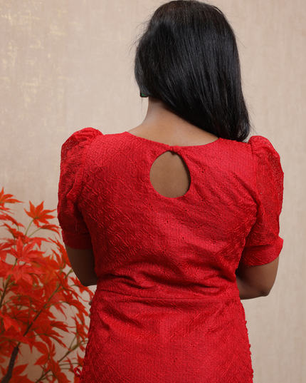 EC083 – Net Cotta Kurti Set with Scallop Neckline & Puff Sleeves