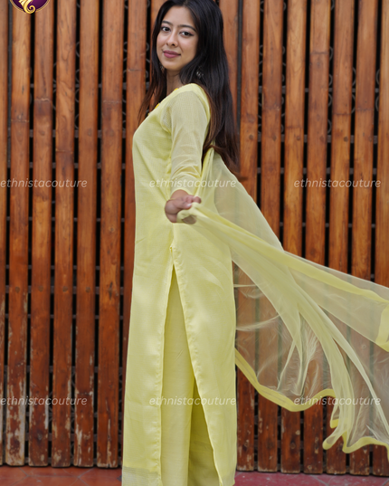 EC145-Lemon Yellow Kota Doria Side Open Kurti Set with Butterfly Net Dupatta