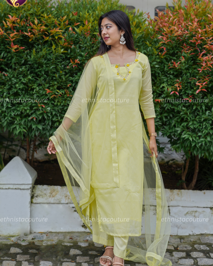 EC145-Lemon Yellow Kota Doria Side Open Kurti Set with Butterfly Net Dupatta